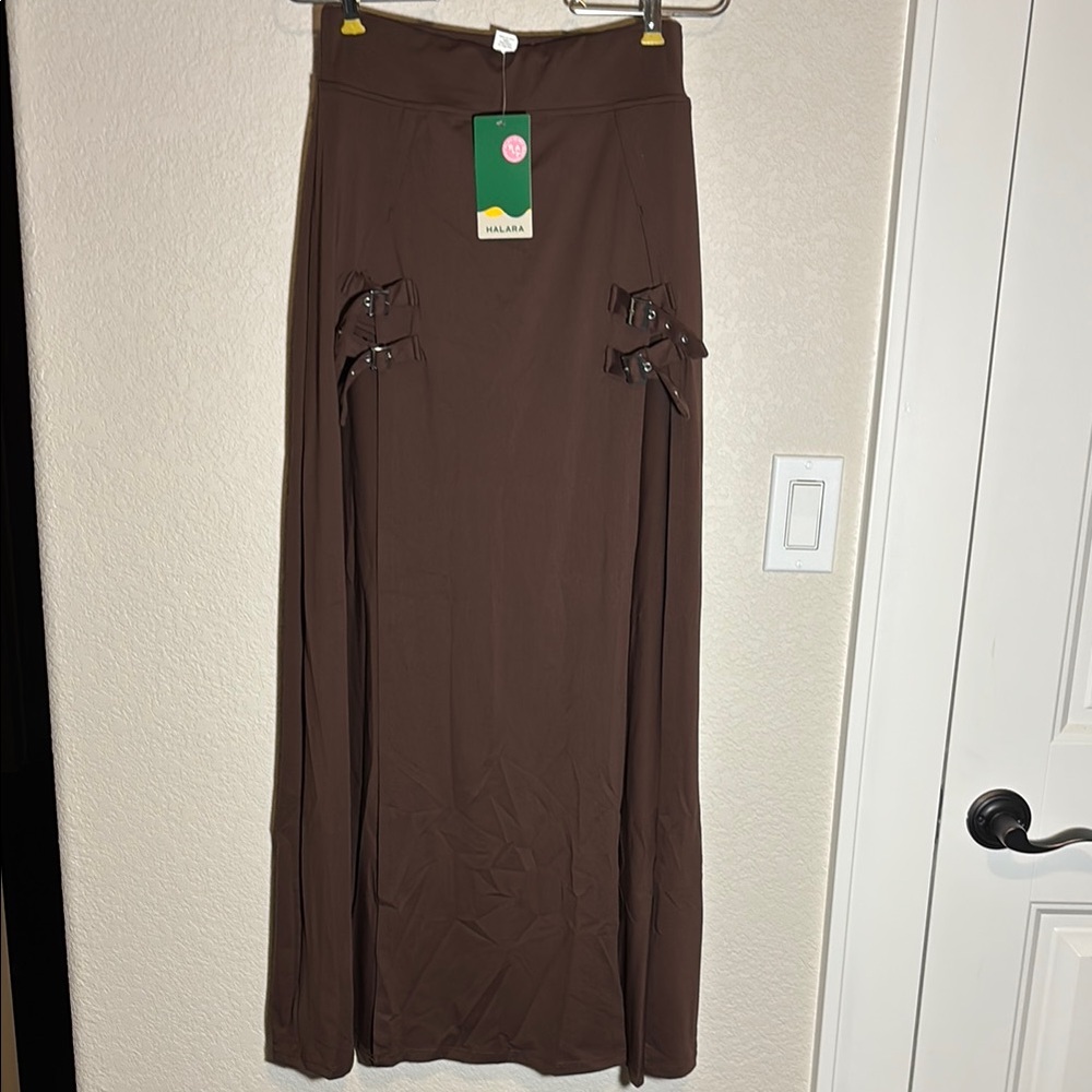 Halara Brown Maxi A-Line Skirt with Buckle Front